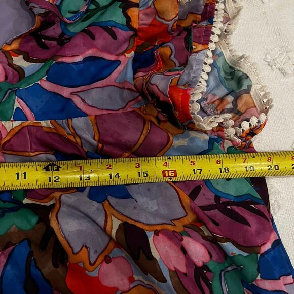 THML Abstract Floral Print V-Neck Dress Tassels  Ruffle Cap Sleeve Boho Size M - Picture 7 of 7